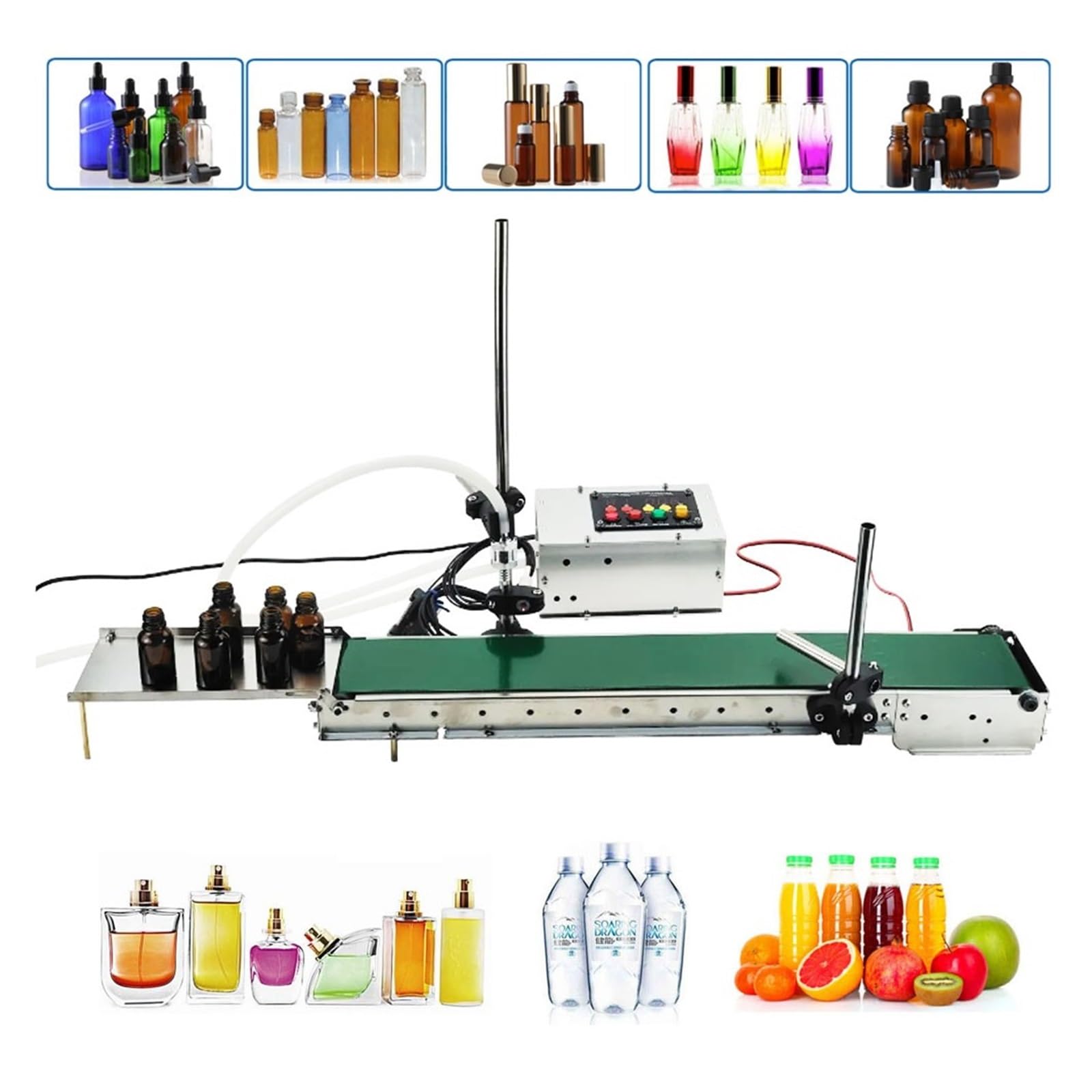 Máquina de llenado líquidos automática con cinta transportadora, llenador un solo cabezal, Perfume, agua, puede detectar resistencia al calor alta precisión,Mayor Precisión(Single head transmit)