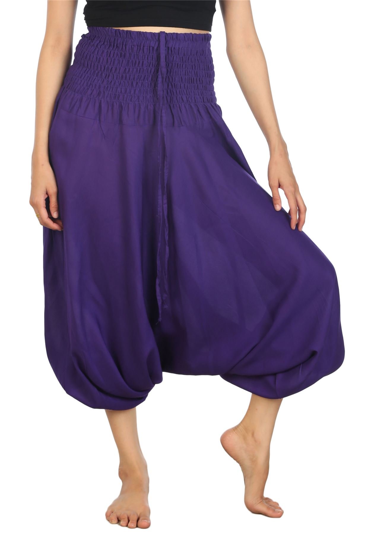 Lofbaz Women's Solid Smocked Waist 2 in 1 Harem Jumpsuit Pants Purple 4XL