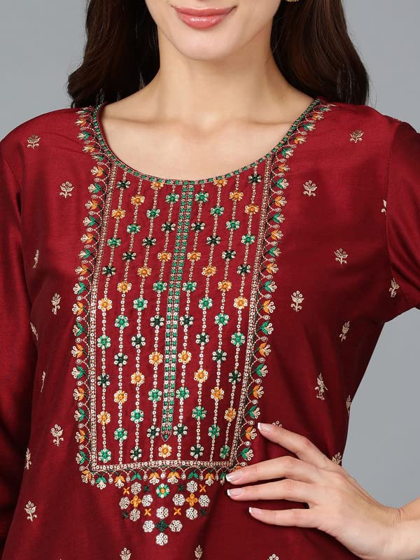 Image of Vaamsi Women's Silk Blend Embroidered Straight Kurta Pant With Dupatta Set