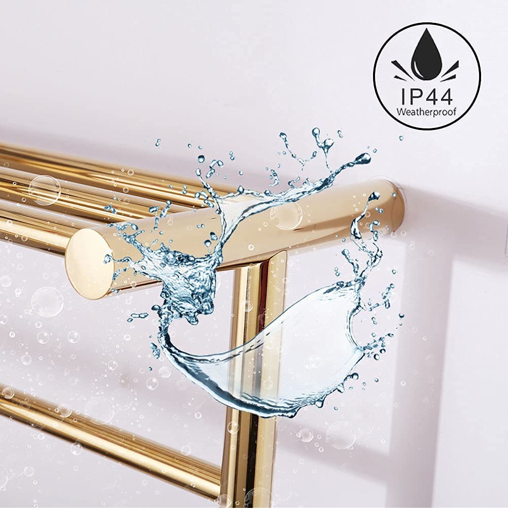 Calentador de Toallas de Acero Inoxidable, radiador toallero eléctrico de Lujo de Pared con Estante para baño, Dorado, 3 + 3 Barras, cableado.