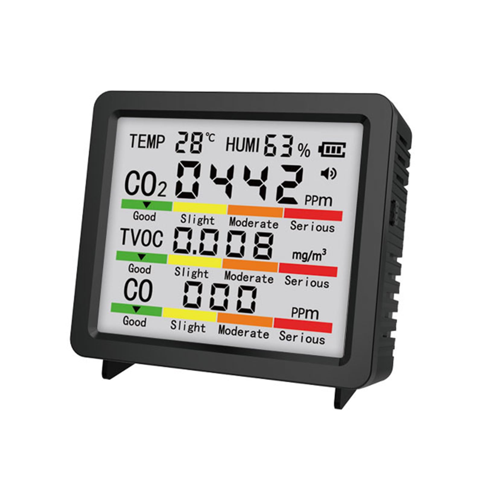 Monitor Jakości Gazu 5 w 1, Przenośny Tester Jakości Powietrza w Pomieszczeniach z Czujnikiem Temperatury i Wilgotności CO2 TVOC CO, do Sypialni w Samochodzie w Biurze Domowym (BLACK)