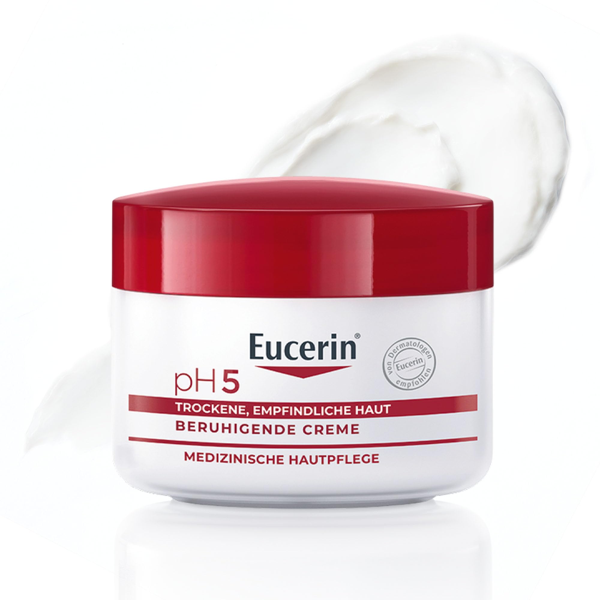 Eucerin pH5 Beruhigende Creme 75 ml, Körpercreme mit Dexpanthenol und Glycerin spendet langanhaltend Feuchtigkeit, intensive und leicht parfümierte Hautpflege für strapazierte und empfindliche Haut