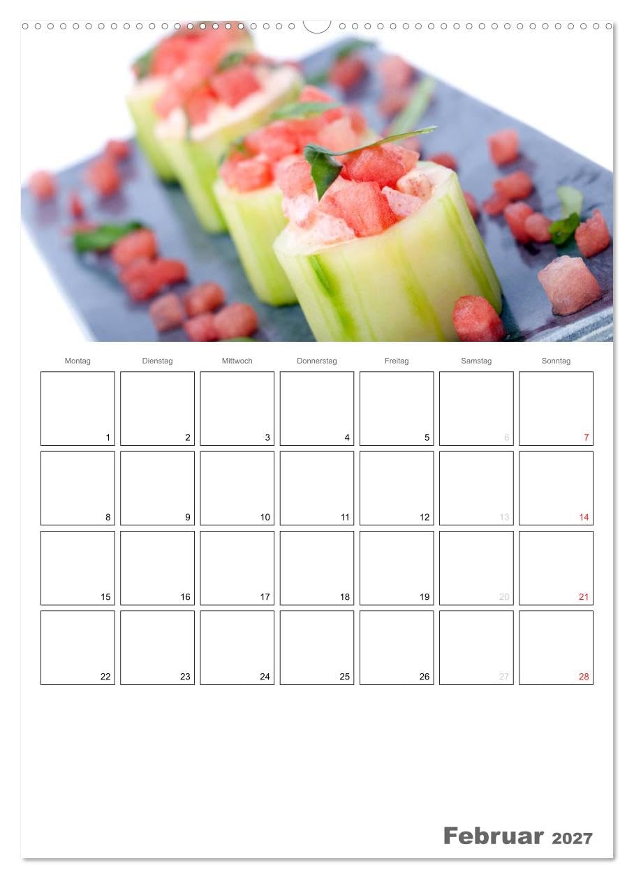 CALVENDO - Frische Küche - Der hilfreiche Monatsplaner/Planer (hochwertiger Premium Wandkalender 2027 DIN A2 hoch), Kunstdruck in Hochglanz: Kunstvoll zubereitete Speisen und frische Zutaten bilden