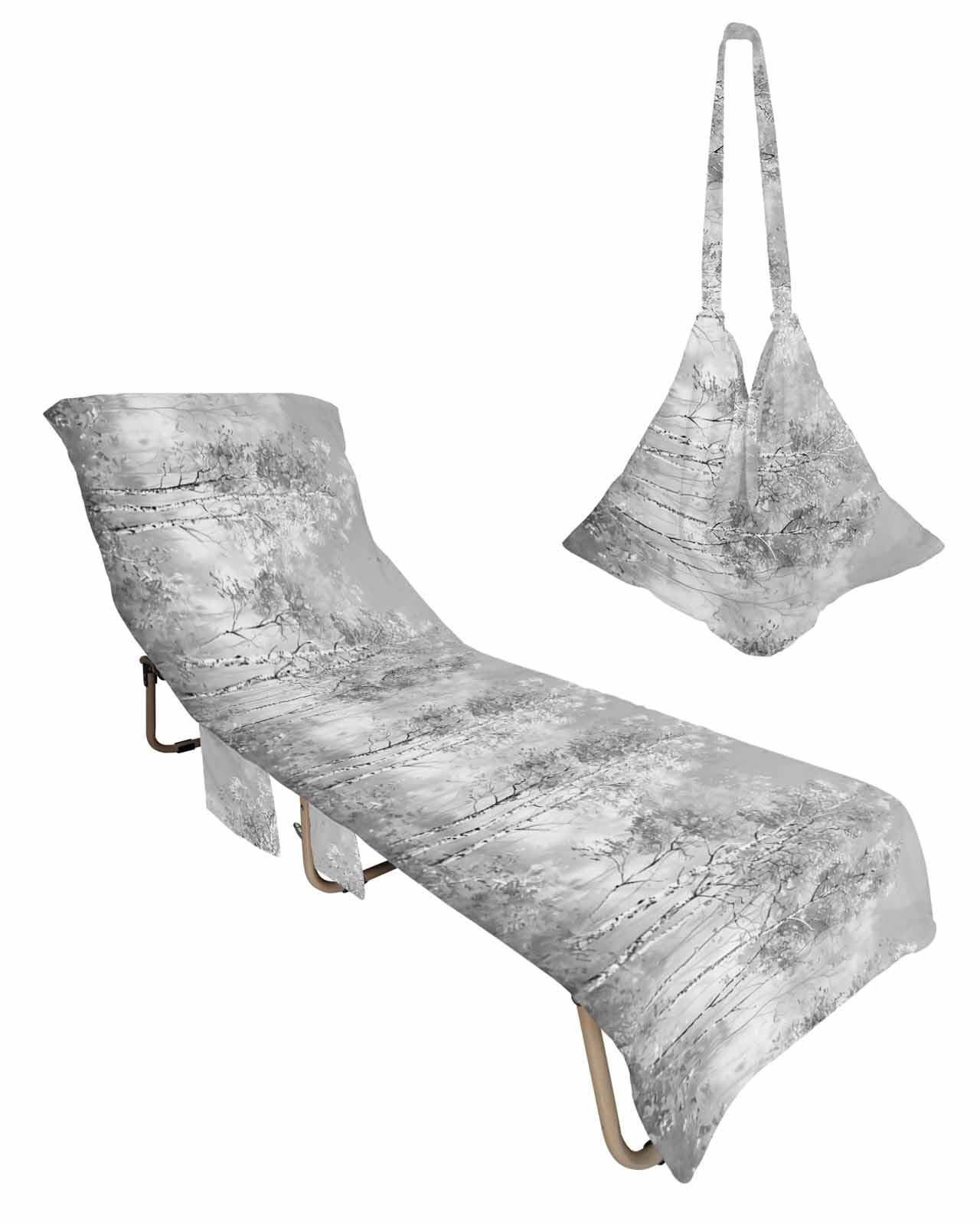 Greyish Tree Beach Chair Cover with Side Pockets, Microfiber & Quick Dry Pool Chaise Lounge Chair Towels Covers for Sun Sunbathing Patio Garden Hotel, Rustic Vintage Abstract Graffiti Oil Painting Art