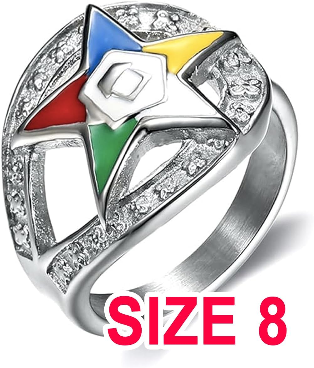 Order of The Eastern Star Ring - Silver Stainless Steel Color Looped Band with OES Symbol. Masonic Rings/OES Jewelry Size (8)