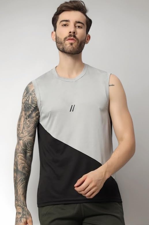 Men's Polyester Sports Sleeveless T Shirt - Gym Vest, Workout Sando, Training Tank Top, Cut Sleeves Quick Dry Tee for Running, Swimming, Badminton, Fitness & Sports