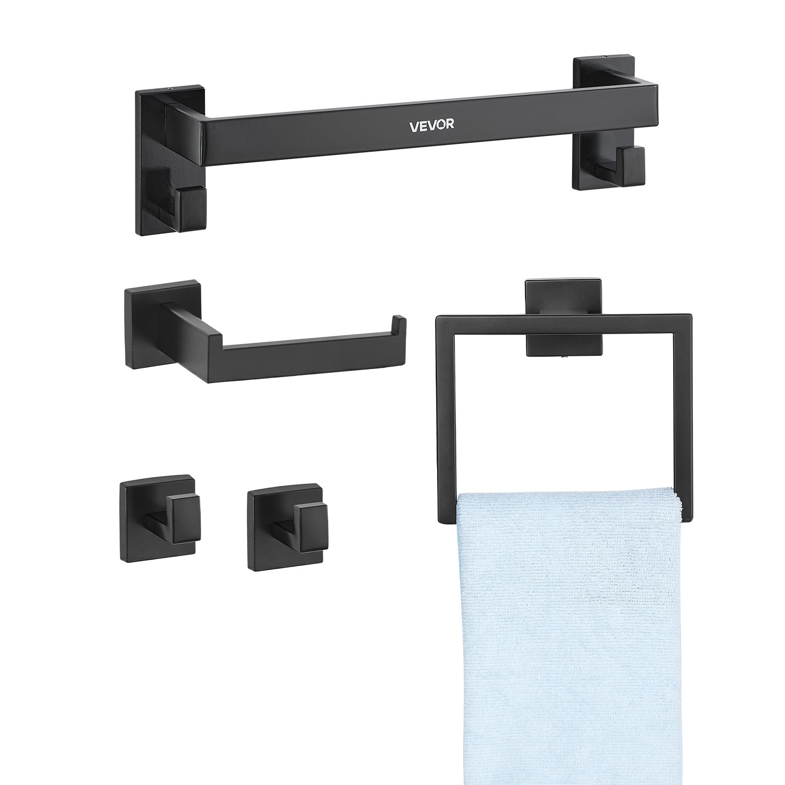 VEVOR Juego de Accesorios de Baño, Acero Inoxidable, con Toallero, Toallero Cuadrado, 2 Ganchos y Portarrollos Papel Higiénico, para Baño, Montaje en Pared, Negro Mate, 400 x 100 x 78 mm, 5 uds