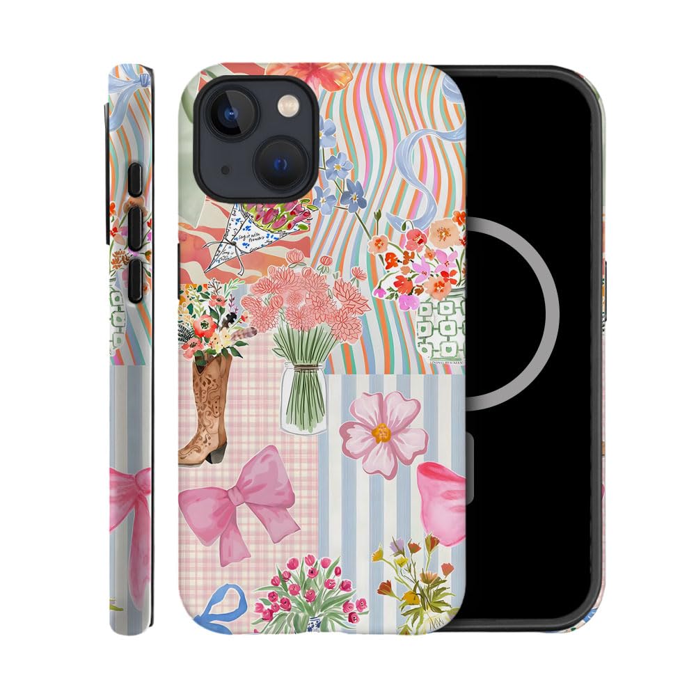 TnXee Case Compatible with iPhone 13,Compatible with MagSafe,Fall Prevention Hybrid 2-Layer Hard Shell Cases for Girls Boys,Pink Bow Ribbon Collage