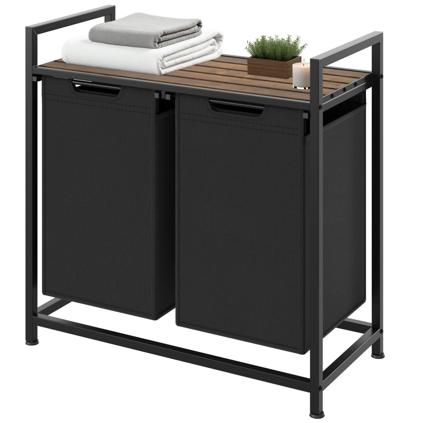 tectake® Cesto per Biancheria con Ripiano Effetto Legno, Cesto Portabiancheria con Sacchi Estraibili, Porta Biancheria con Struttura in Acciaio, Regolabile, Design Industriale - 34x74x72 cm