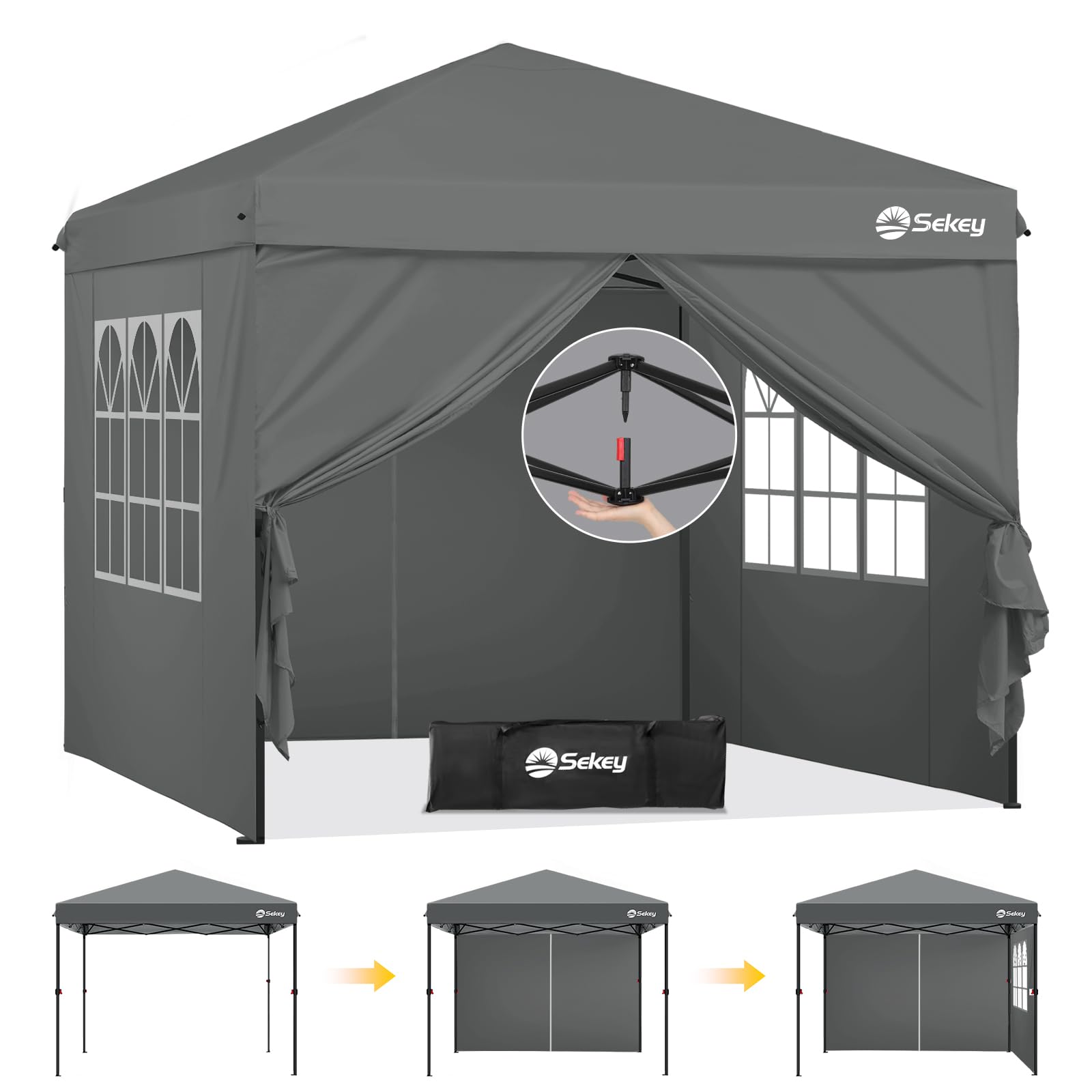 Sekey Premium Pop Up Pavillon 3x3 Wasserdicht Stabil, 3 x 3 m Pavillon mit Seitenwänden, Faltpavillon Partyzelt Faltbar für Camping Party, Höhe Verstellbar 250-270cm, Grau