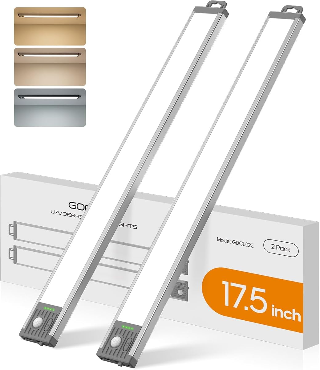 Goodea 17.5Inch Under Cabinet Lighting, 4500mAh Rechargeable Battery Motion Sensor Light Indoor, Wireless Under Cabinet Lights for Kitchen, Closet (2 Pack)