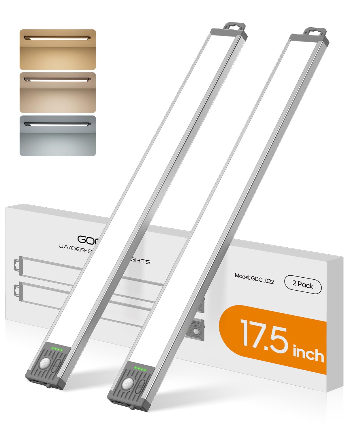 GOODEA Iluminación debajo del gabinete de 17.5 pulgadas, batería recargable de 4500 mAh, luz con sensor de movimiento para interiores, luces inalámbricas debajo del gabinete para cocina, armario