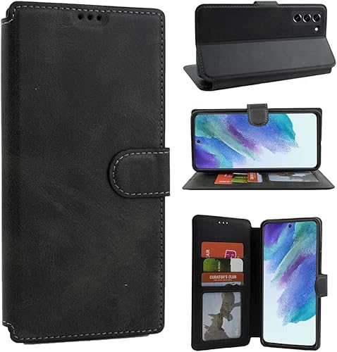 Miniatura 1 de Funda diseñada para Samsung Galaxy S21 FE con vidrio templado, funda tipo cartera para tarjeta, piel sintética de alta calidad, funda de poliuretano