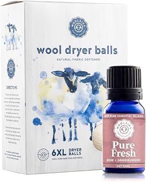 Woolzies Wool Dryer Balls Organic 6 XL Laundry Balls for Dryer + 10 ml Pure Fresh Essential Oil Combo for use as 100% Pure and Natural Fabric Softener | Best Scented Wool Balls Laundry