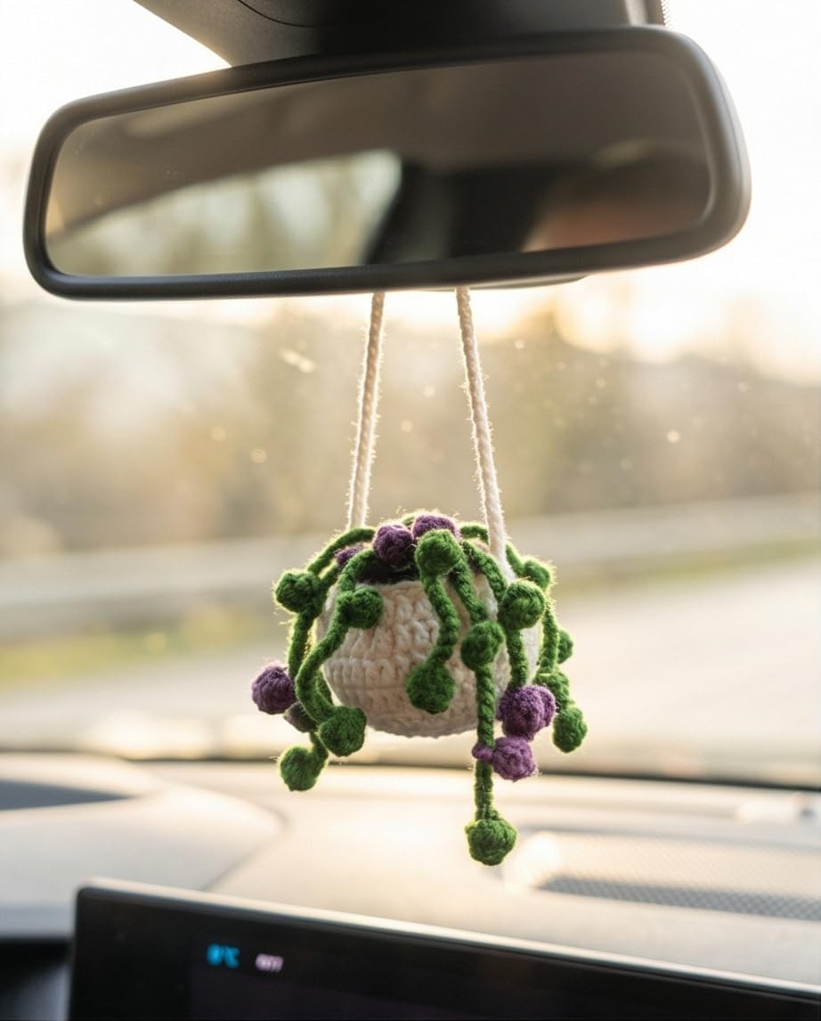 BRYNZA Craft Purple Handmade Crochet Succulent Car Accessory, Handmade Knitted Car Plants, Crochet Plant, Rear View Car Mirror Hanging, Hand-Woven Decoration image 2