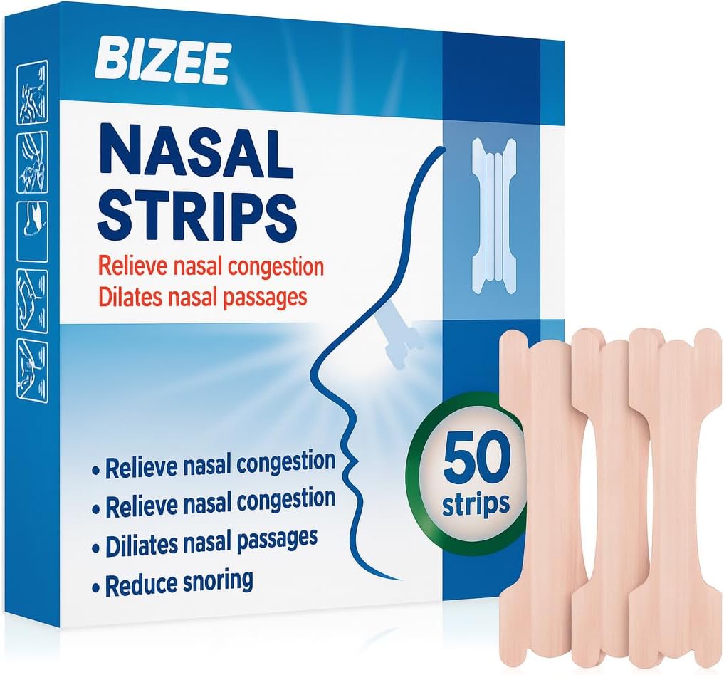 BIZEE Nasal Strips 50 Pcs Nose Strips for Snoring Relief, Anti-Snoring Devices for Men and Women, Drug-Free Nose Strips to Relieve Congestion from Colds or Allergies,Snore Strips for Sports and Sleep