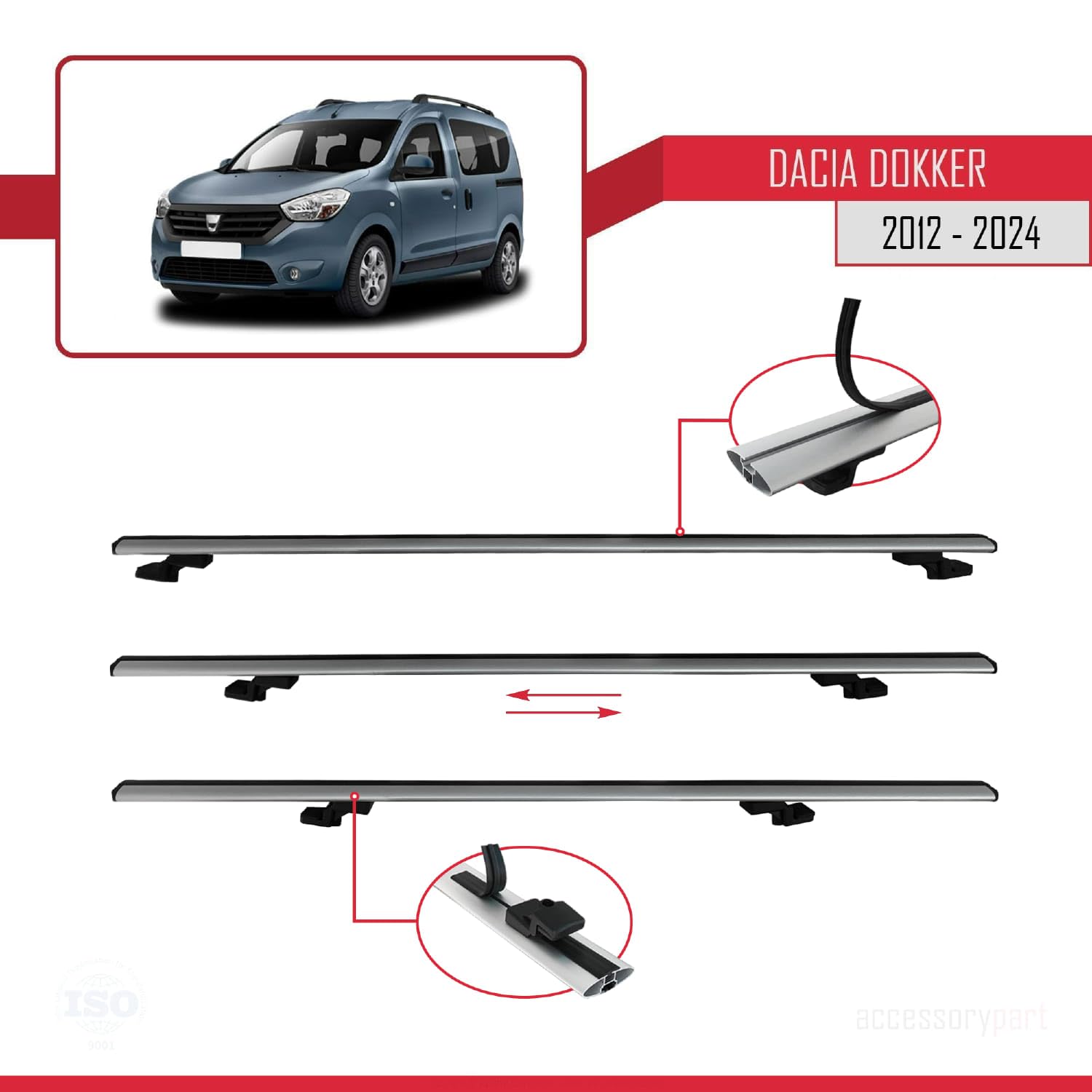 Kompatybilny z Compatible with Dacia Dokker (K67) 2012-2024 BASIC Model Aluminiowy bagażnik dachowy 3 poprzeczki, szary