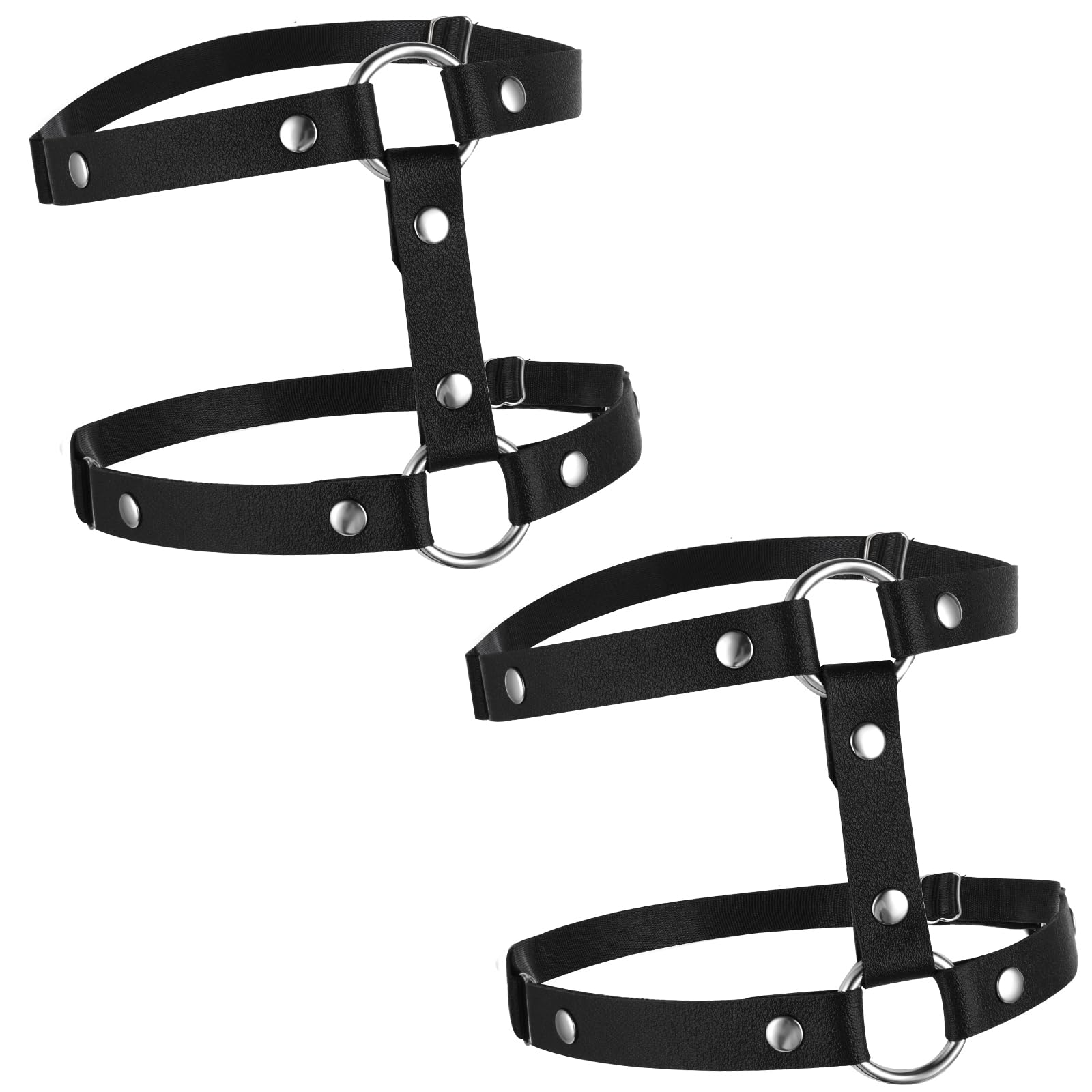 Leather Leg Harness, Adjustable Elastic 2 Rows Leather Leg Belt Ring Body Harness, Black Punk Garters Belts Thigh Strap Club Halloween Body Chain Accessories Jewelry for Women