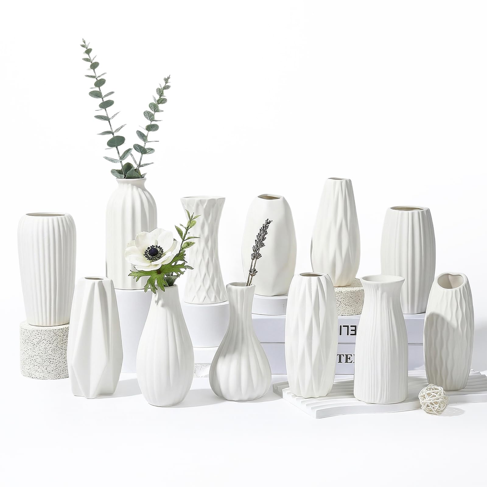 BEAHOT Ceramic Bud Vases Set of 12 - Matte Mini White Jars Bulk | Small White Ceramic Vases for Centerpieces, Wedding Floral Arrangements, DIY Crafts