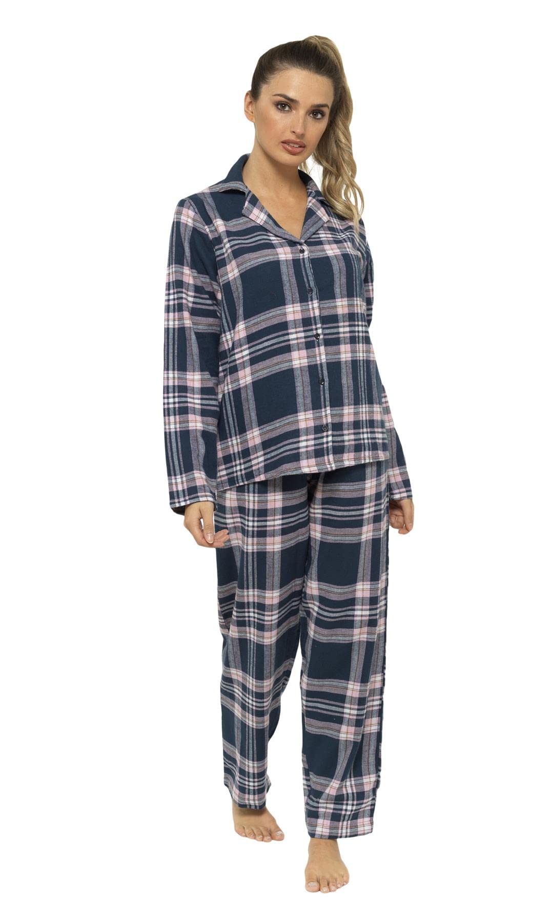 Daisy Dreamer Pyjamas Women's Flannelette Pyjama Set Soft Brushed Cotton Pyjamas PJs Nightwear Loungewear Winter Gift, Check Navy/Pink Medium