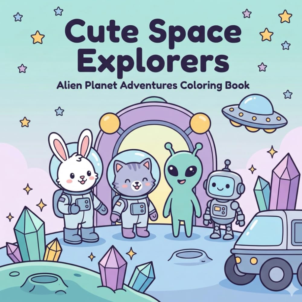 Cute Space Explorers: Alien Planet Adventures Coloring Book: Bold, Detailed Kawaii Space Scenes + Fun Activities for Kids Ages 4–8 (Crystals, UFOs, Friendly Aliens)