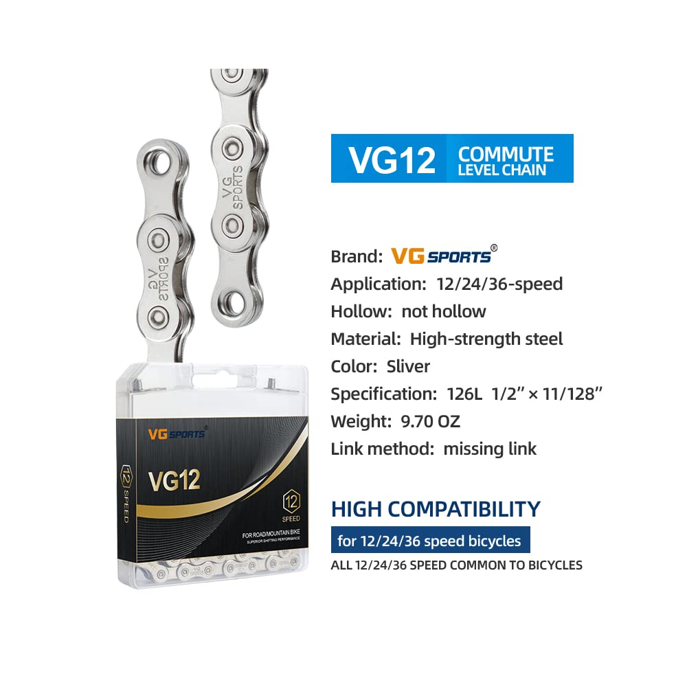 VG SPORTS Cadenas de bicicleta de 12 velocidades, cadenas de bicicleta ligeras medio huecas para bicicleta de carretera/MTB/BMX, plata/oro/titanio/arco iris con eslabón perdido…
