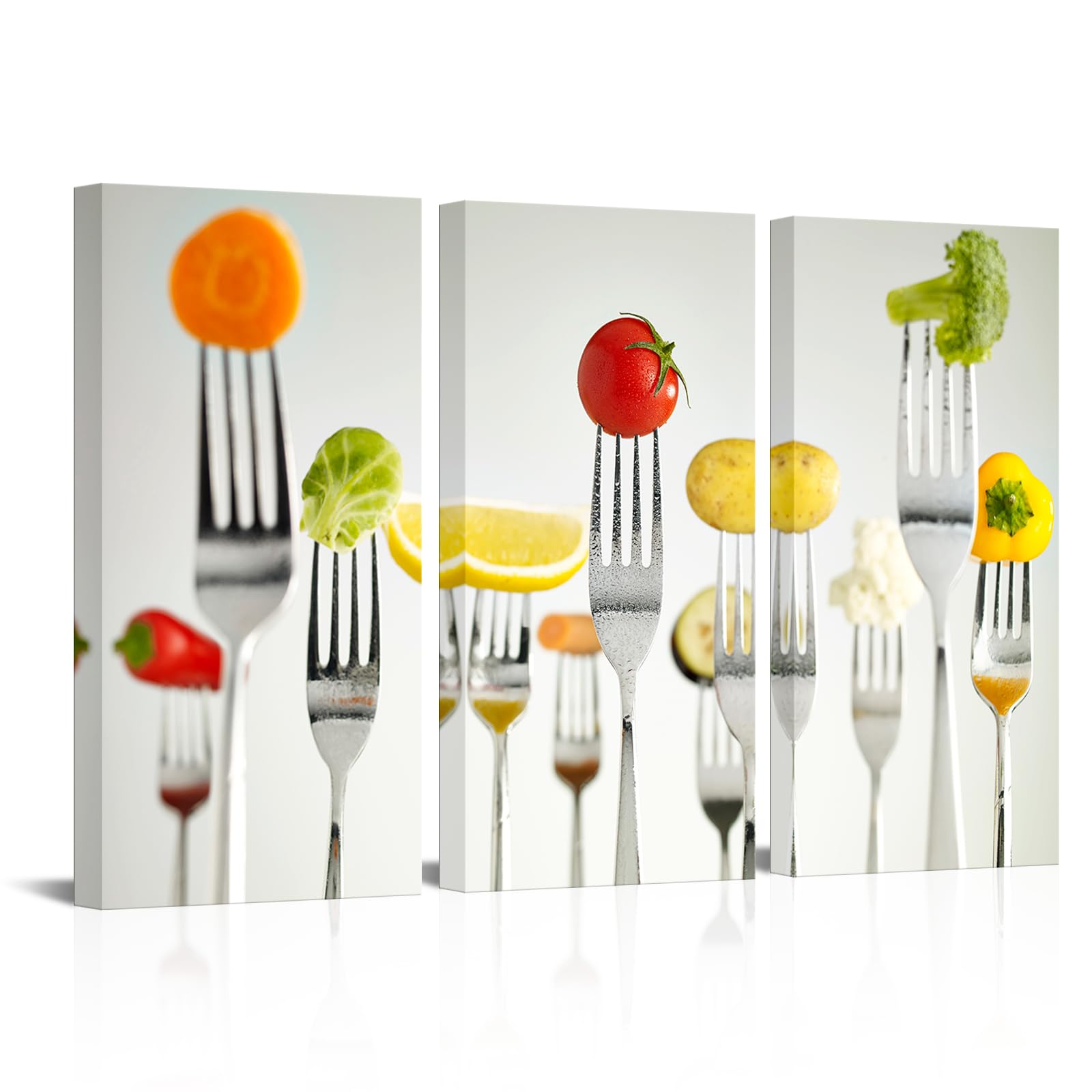 iKNOW FOTO Cuadros de cocina de comida saludable, 3 piezas de lienzo de cocina, arte de pared, alimentos crudos en tenedores, lienzo enmarcado para decoración del hogar, bar, comedor, cada panel, 40,6