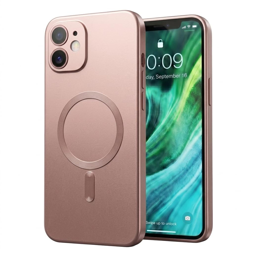 amazon basics premium mag-safe case for iphone 12 | shockproof & anti-scratch cover | soft silicone with wireless charging | camera lens guard - rose gold