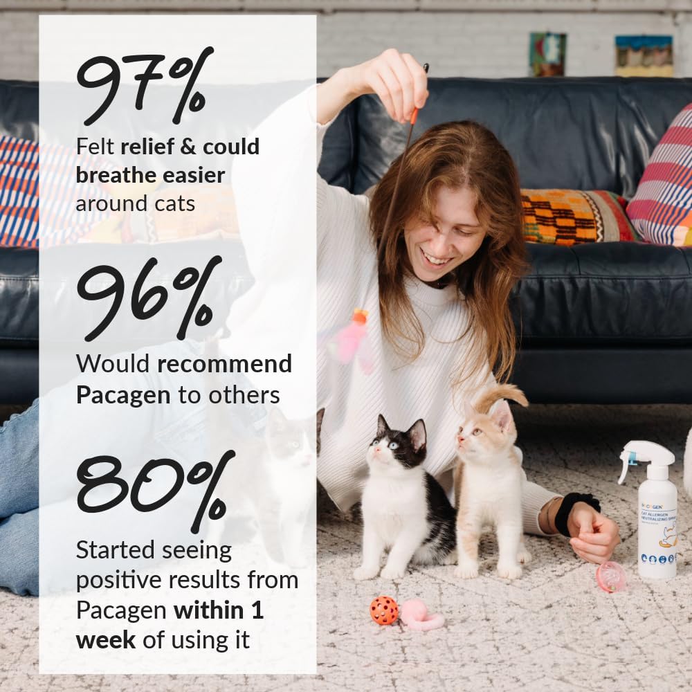 Pacagen Spray neutralizante de alérgenos para gatos para seres humanos, perfecto para uso doméstico, resultados inmediatos, fácil de usar y apto para mascotas, a pocos aerosoles de un