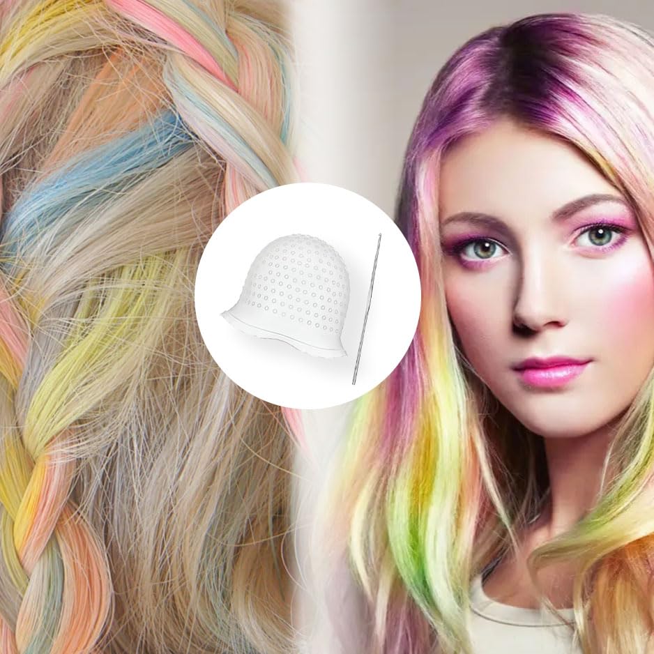 2 Pcs Silicone Hair Coloring Highlighting Cap, Punched Highlight Cap for Hair with Hook,Reusable Pull Through Caps for Hair Coloring, Hair Dye Cap with Hook for Women Men