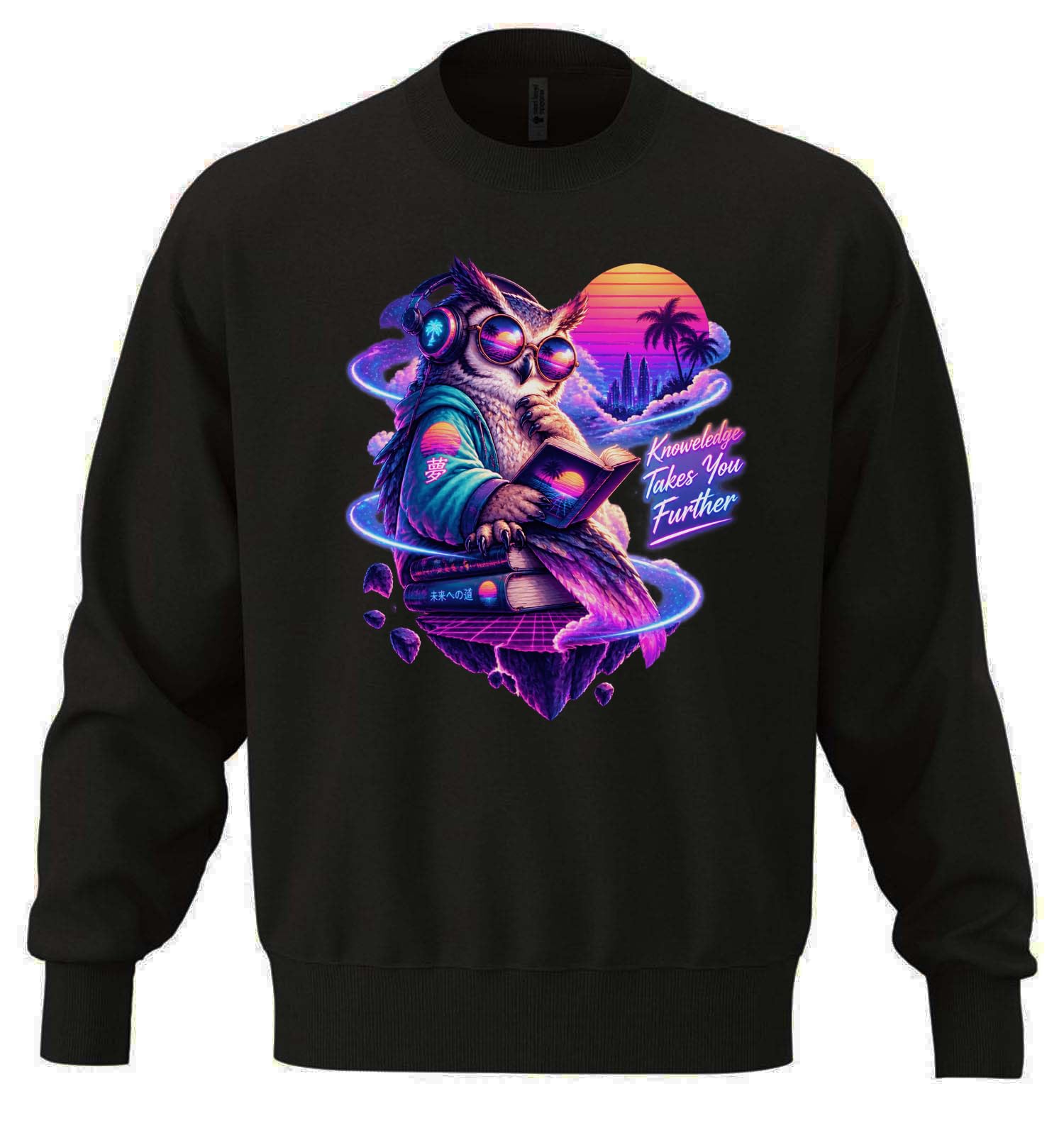 Sowa czytająca książki w neonowym świecie fantasy unisex oversize mieszanka bawełny ciężka bluza czarna