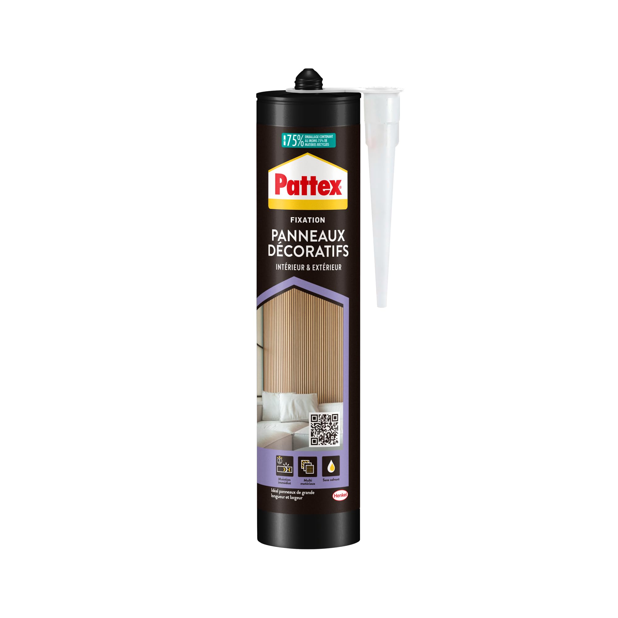 Pattex - Adhesivo para paneles decorativos, cartucho de 470 g, color blanco | Pegamento de montaje, adherencia hasta 15 kg/cm², paneles acústicos, 3D, listones de madera, sin disolventes, -30 °C a +90 °C