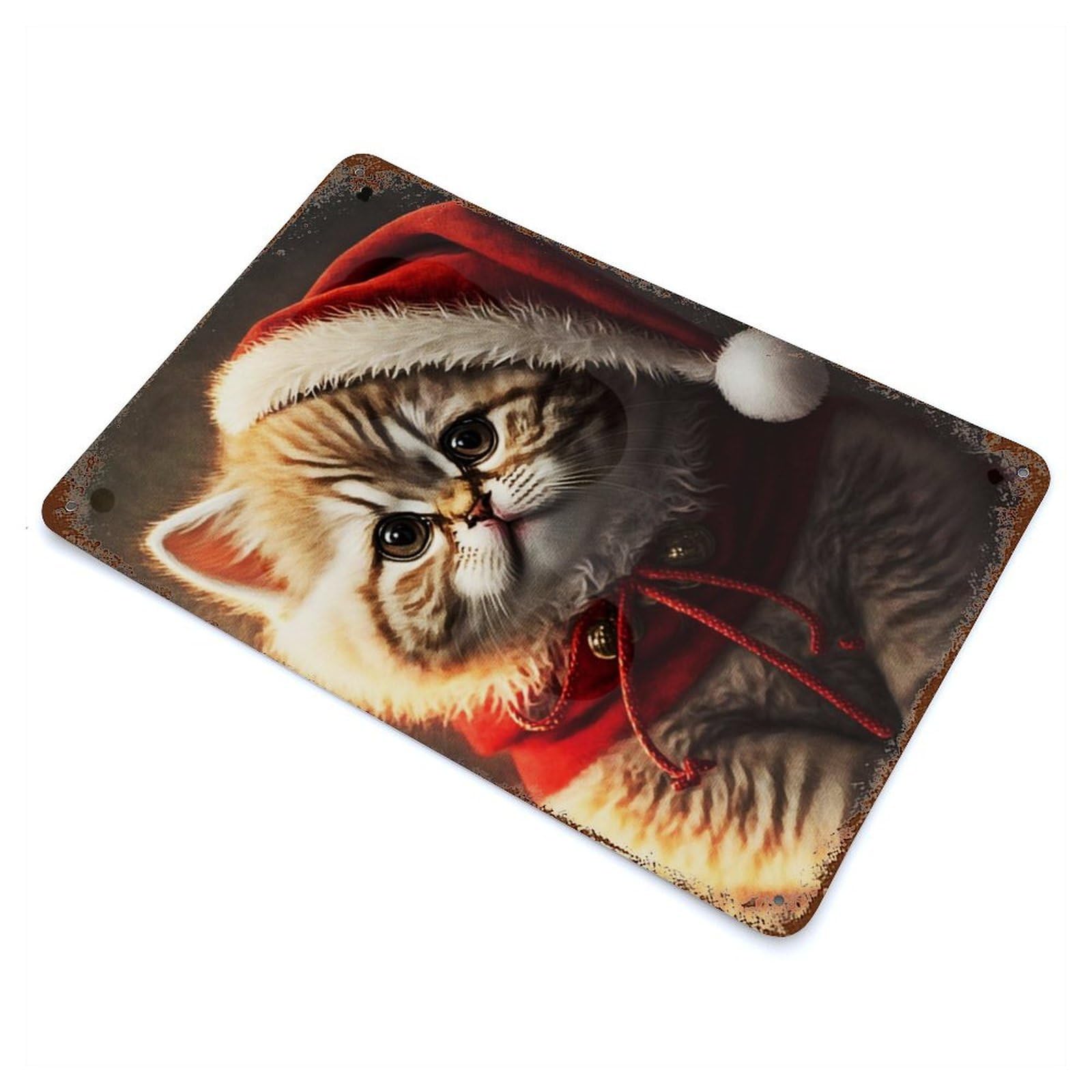 Santa Dressed Cat 11.8"x7.9" Aged Metal Wall Plaque, Novelty Wall Decor for Shed, Workshop And Garage Wall Decor