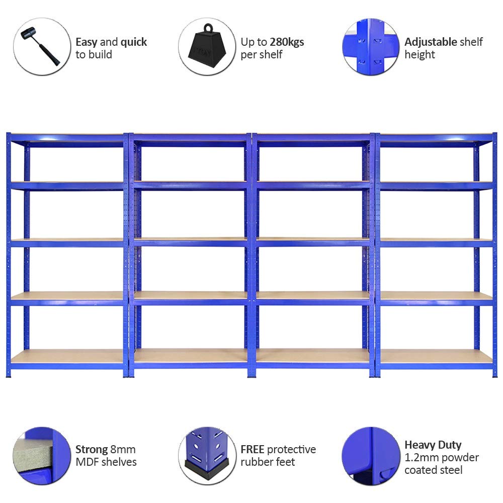 Scaffale da Garage ad Incastro T-Rax Scaffali per Garage Scaffalature Officina in Acciaio e MDF Senza Bulloni Mensole per Garage - Blu - 90cm x 45cm - 5 Pezzi con Connettori