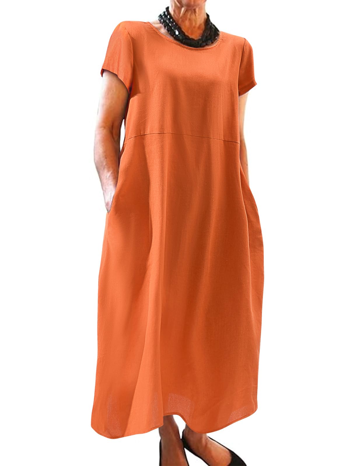 Xnova Vestidos Verano Mujer Manga Corta Sueltos Casual Vestido Playeros Largo Cuello Redondo y Bolsillos Ropa Mujer Color Sólido Tallas Grandes