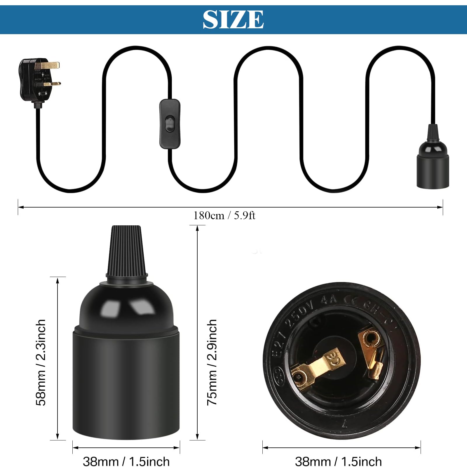E27 Plug in Pendant Light, Ceramic lampshade, 1.8m(5.9ft) Lamp Cable Plug in Ceiling Light - Image 3