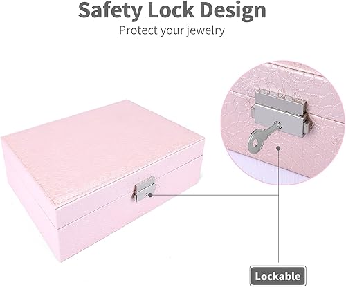 Miniatura 5 de Cajas de joyería para mujer caja organizadora grande de piel sintética caja de almacenamiento de joyas de 2 capas con cerradura caja de joyería rosa