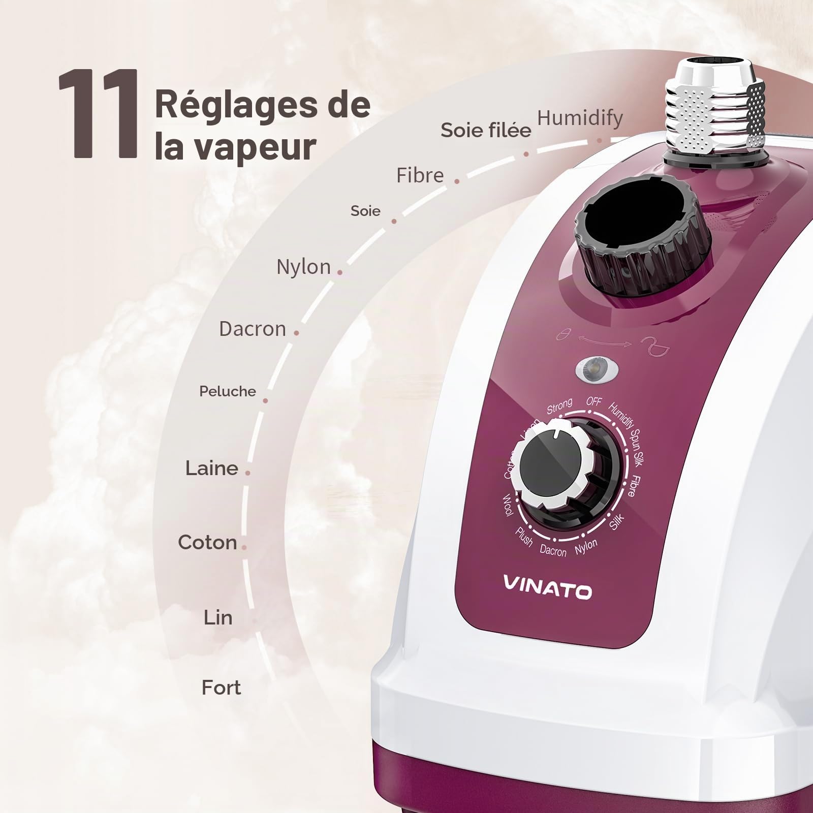 VINATO Defroisseur Vapeur Vertical, Repasseur Vapeur Vertical avec Réservoir d'eau de 1,35 litre, 11 Fonctions Vapeur Clothes Steamer, Brosse Vapeur Pour Tous Types de Textiles - 1950W