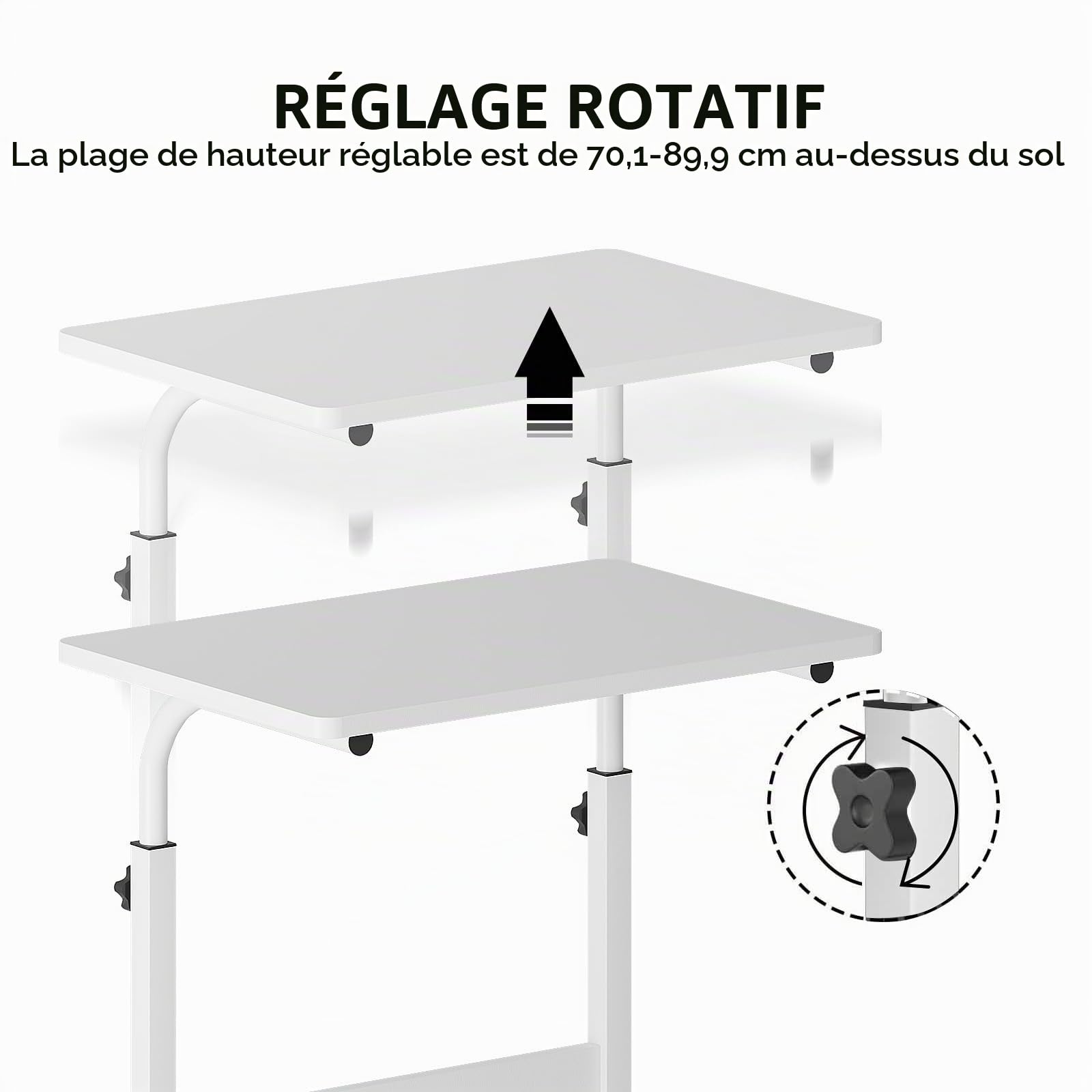 sogesfurniture Table d'appoint Mobile à Hauteur réglable pour Ordinateur Portable avec roulettes - Table d'appoint Mobile pour lit et canapé - 60 x 40 x 71-90 cm - Blanc