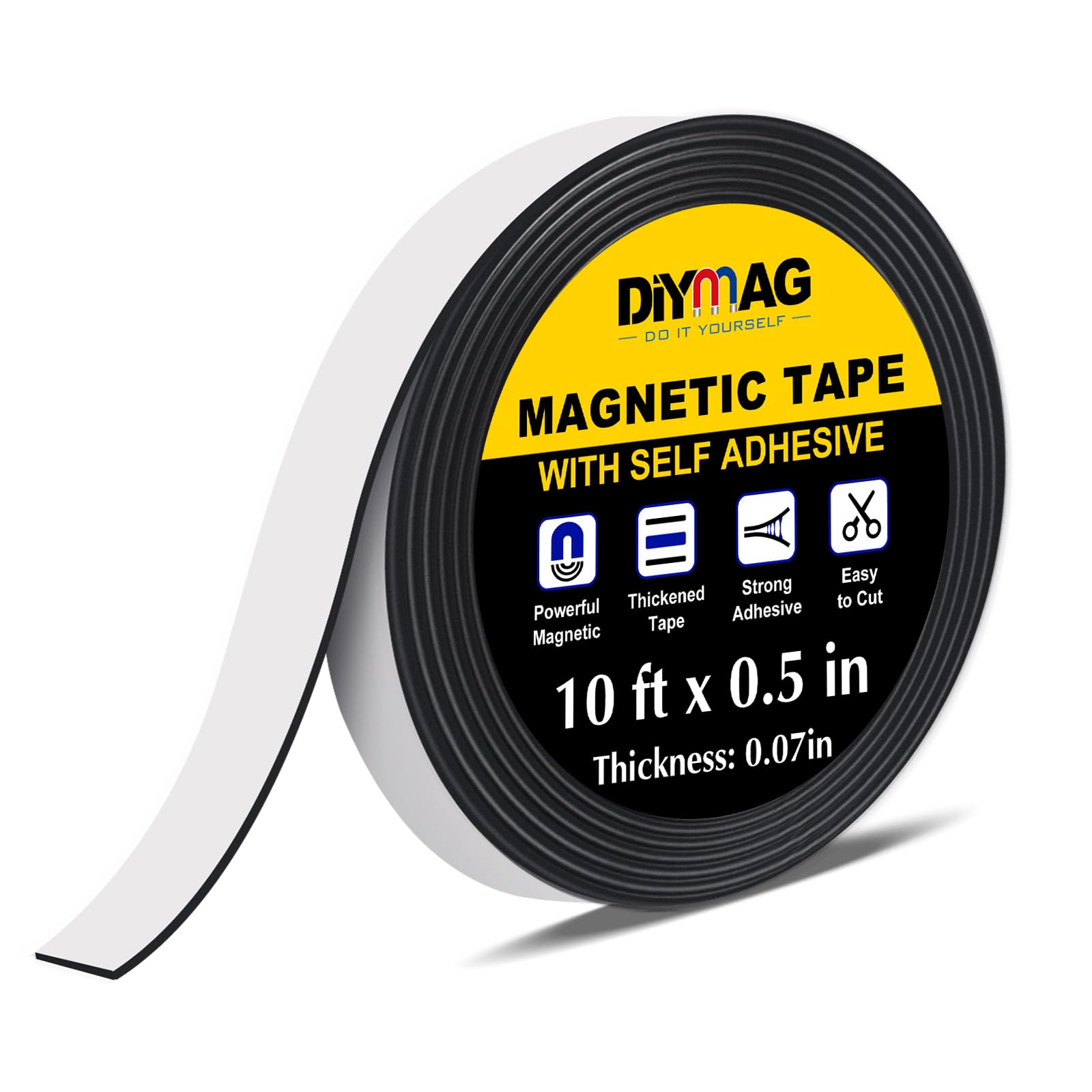 DIYMAG Magnetic Tape, 10 Feet x 1/2 Inch 1 Roll Strong Magnetic Strip with Self Adhesive Flexible Magnet Tape Rolls for Lightweight Craft, DIY Projects, Whiteboards and Fridge Organization