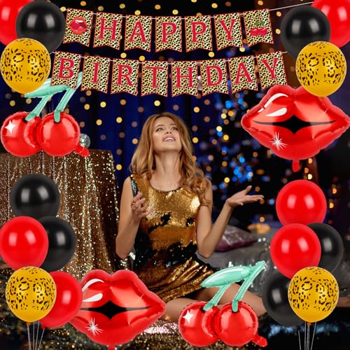 Image of Hooqict Cheetah Prints Birthday Decorations Cherry Leopard Birthday Banner with Balloons for Girls Women Red Black Cheetah and Cherry Party Decorations
