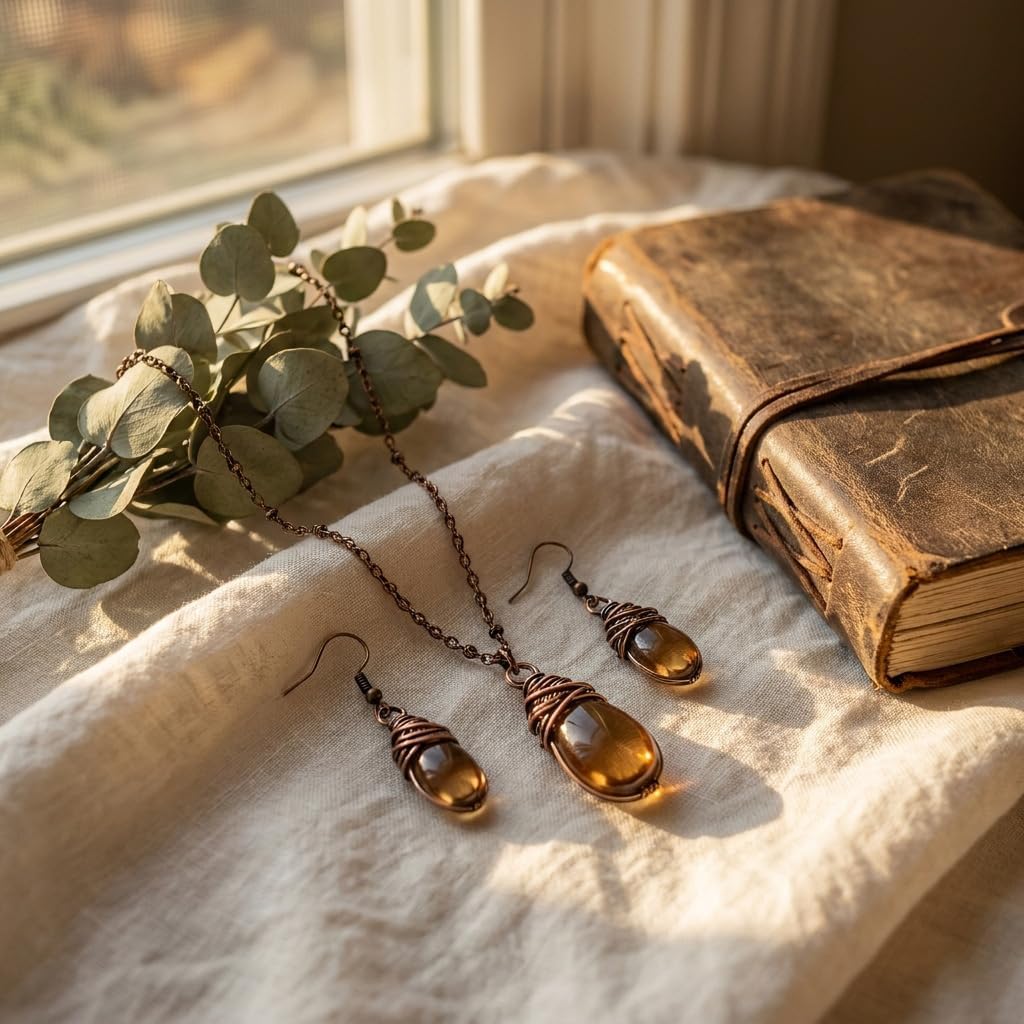 Bohemian Brown Amber Teardrop Necklace & Earrings Set Gift