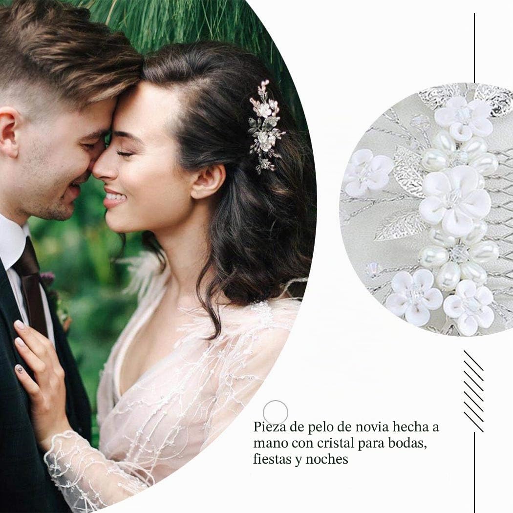 Peines para el pelo de boda con flores, tocado de novia de cristal, accesorios para el cabello para mujeres y niñas (plateado)