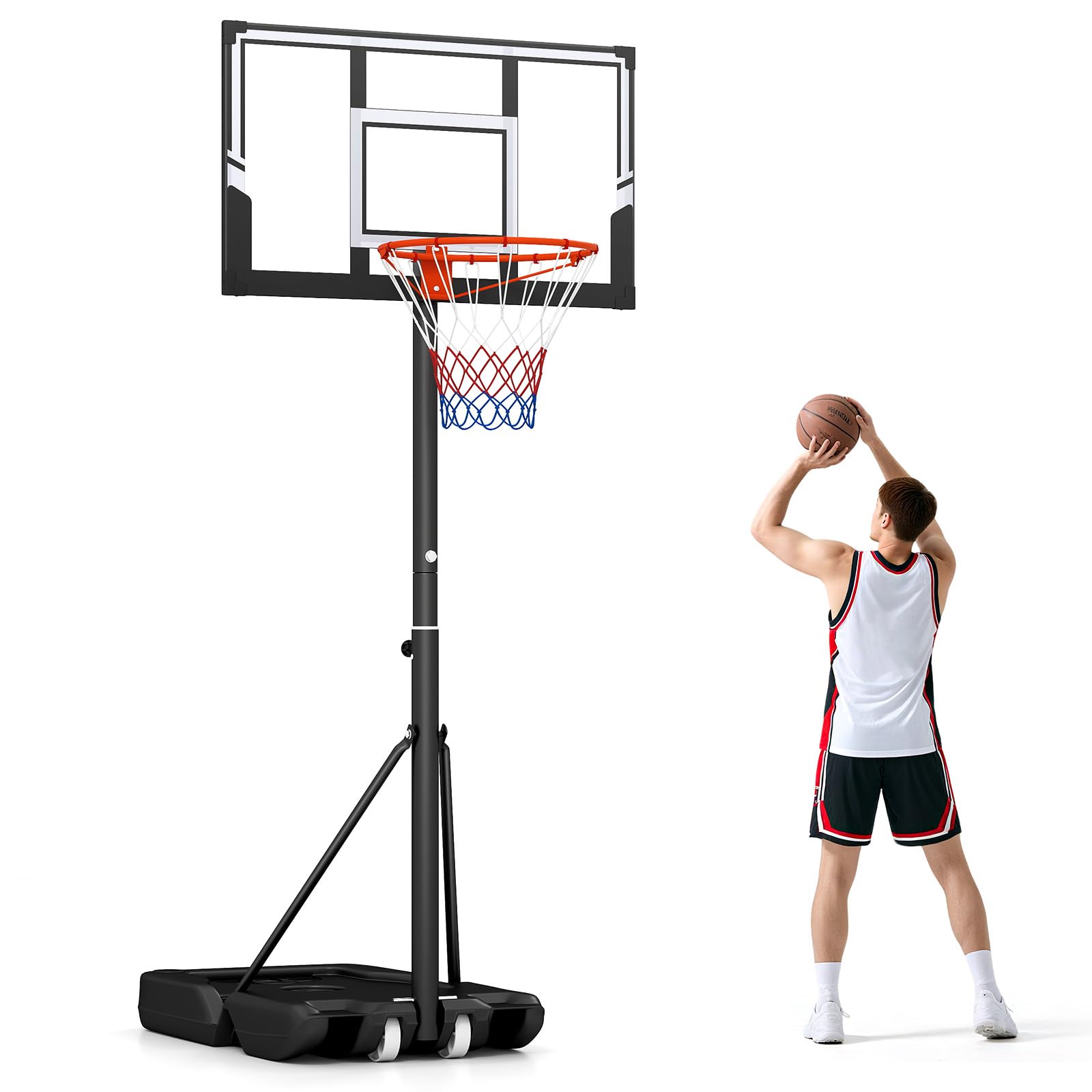 GYMAX Panier de Basket Mobile Portable pour Enfants Adultes, 18 Hauteurs Réglables 100-305cm, Utilisation Intérieure et Extérieure, Base Remplissable d'eau ou de Sable, Panneau Incassable