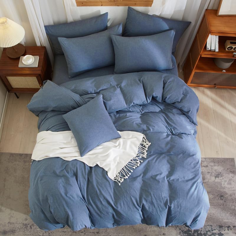 Gezu Housse de Couette Coton Lin 220x240 Bleu Parure de Lit 100% Naturel Lin Coton Doux Respirant Linge de Lit 2 Personnes avec Fermeture Éclair et Taies d'oreiller 65x65 cm