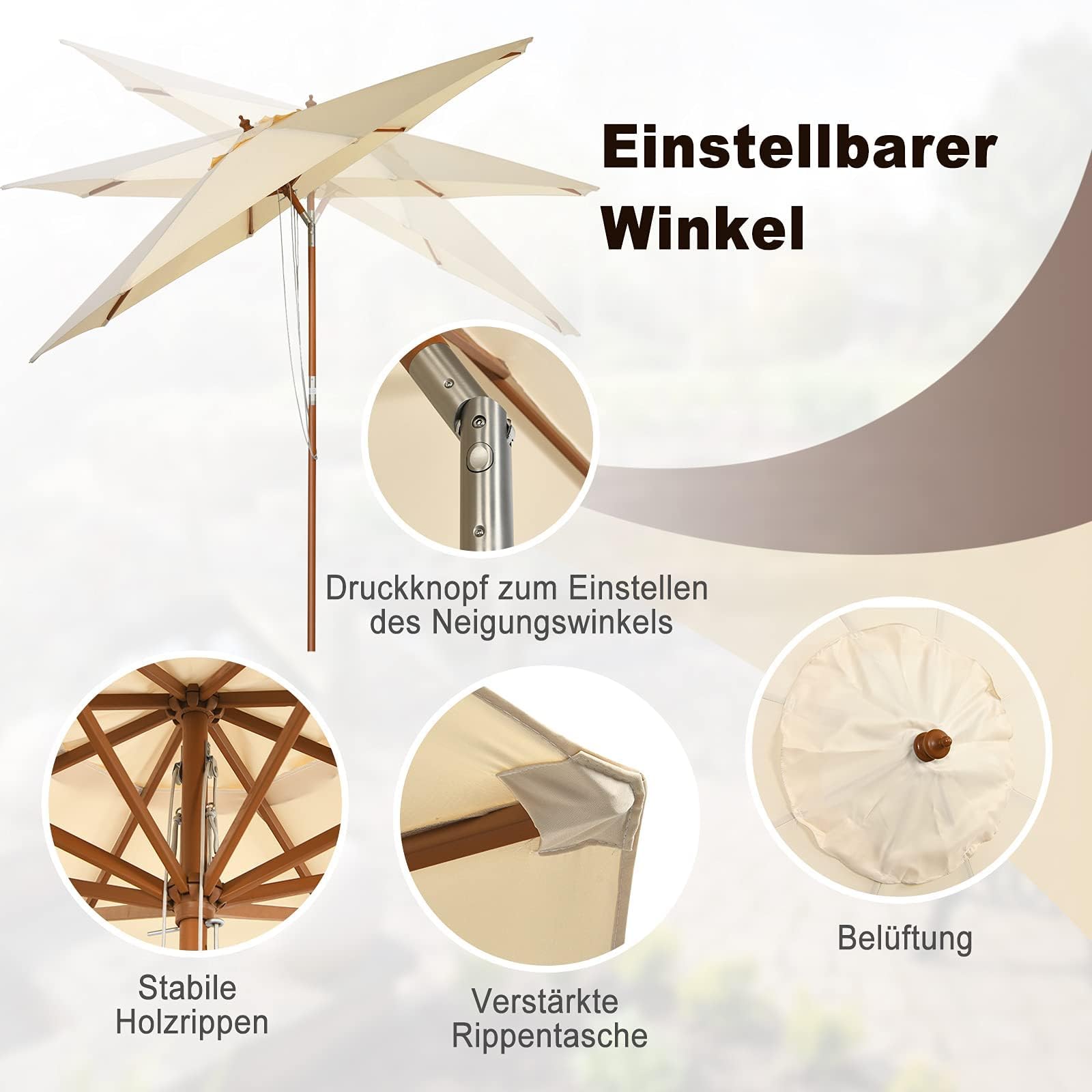 GOPLUS Sonnenschirm Holz, Gartenschirm 260cm UV-Schutz, Marktschirm mit 3-stüfig höhenverstellbar, Balkonschirm, Terrassenschirm tragbar leicht, Tischschirm für Garten, Strand, Terrasse & Pool, Beige
