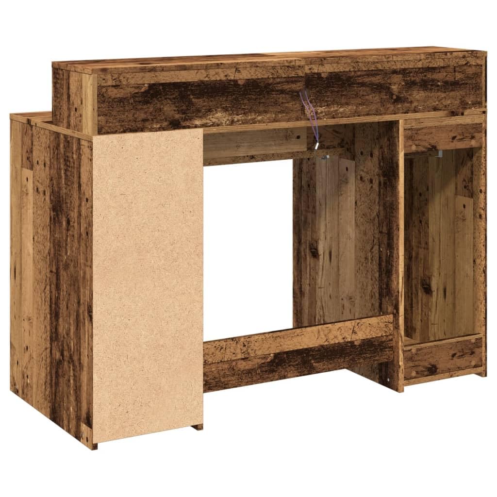 Bureau en Vieux Bois avec lumières LED RVB érgonomique pour Ordinateur PC Gamer Travail et étude Espace de Rangement Angle Pliable Hauteur réglable Assis Debout Chambre Salon étudiant Enfant