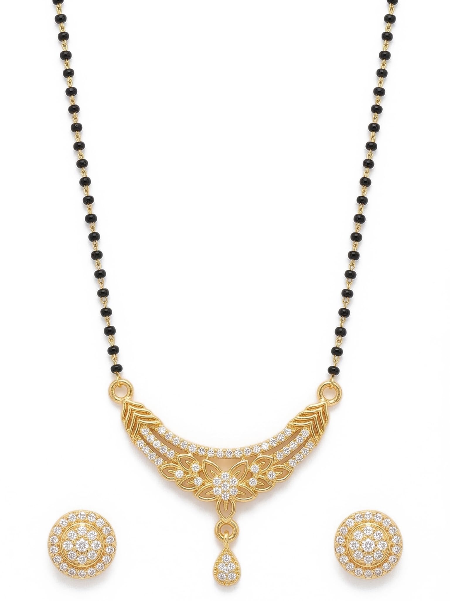 Gold Plated 18 Inch Traditional lightweight American diamond Stylish black bead Morden Mangalsutra Tanmaniya with Matching Earrings for Women and girls | Daily, Wedding, Party, Gift, anniversary