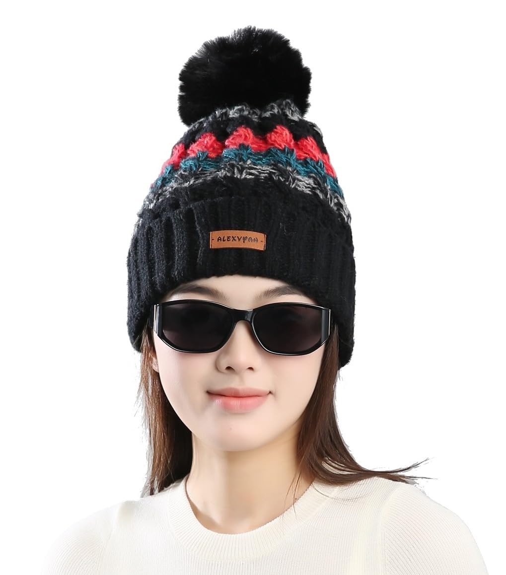 alexvyan Black Twist Single Cap Winter Warm Snow Proof -20 Degree Knitted Ball Cap (Inside Fur) Woolen Beanie Cap for Ladies Women Girl-picture-36