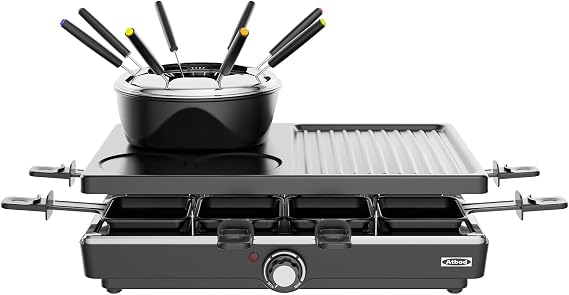 Electric Fondue Pot Sets, Electric lndoor Raclette Table Grill for 8 People, Adjustable Temperature Control and 8 Paddles, Perfect for Parties and Family Fun (Fondue Pot Set with Pancake Baking Tray)